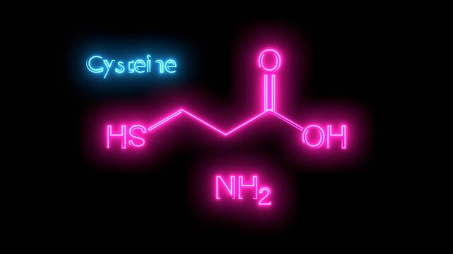 Important amino acid cysteine and structural chemical formula and line model of molecule. Medical and scientific concepts. Neon glowing.