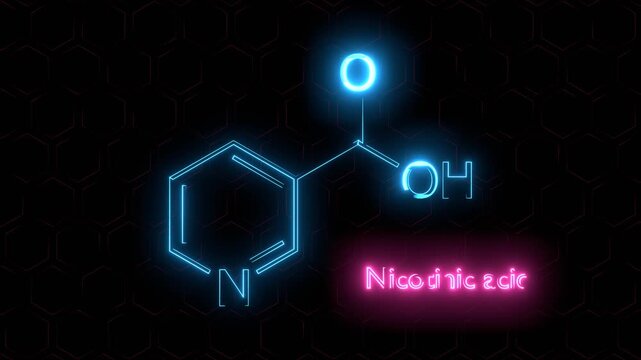 Chemical structure of nicotinic acid, drug substance. Niacin, vitamin b3. For chemical cosmetic and scientific designs. Neon glowing.