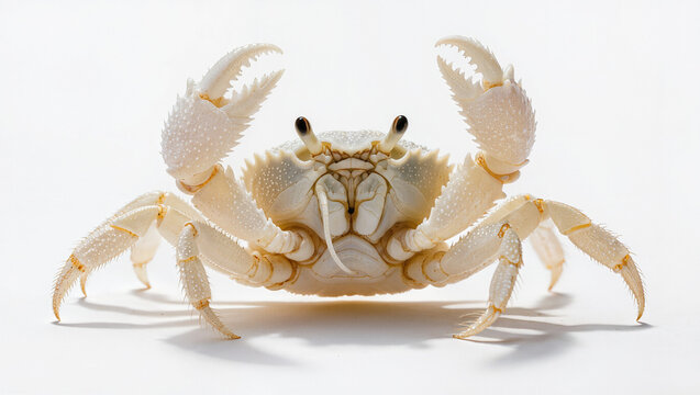 Front View of White Ghost Crab with Raised Claws on White Background