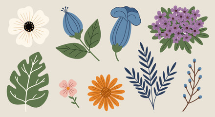 Fototapeta premium A vibrant collection of various floral elements and leaves in a modern, flat design style for creative projects