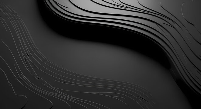 Monochromatic dark grey and black textures form an abstract background with subtle wavy lines and layered patterns.