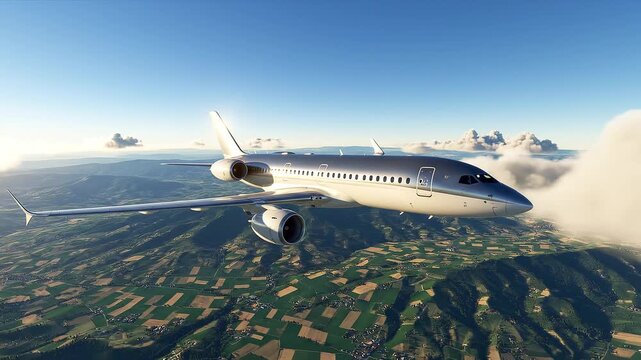 Airplane flying through clear blue skies.