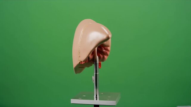 Rotating human liver anatomy model on stand with green background.