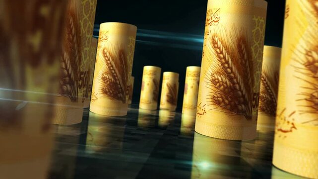 Syria pounds Syrian money rolls loop 3d. Money on table. Seamless and loopable abstract concept of economy, finance and business. Camera between 500 SYP rolled banknotes.