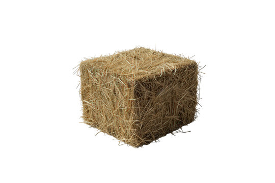 Stacked hay bale, square block of dried straw for livestock feed or farm decor, transparent background