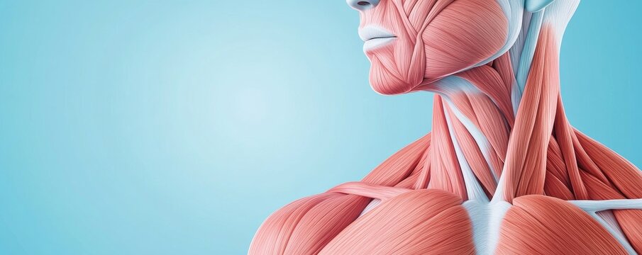 3D Render of Human Neck and Shoulder Muscles, Anatomical Detail, Clear Blue Background, Health, Science, Anatomy,Muscles