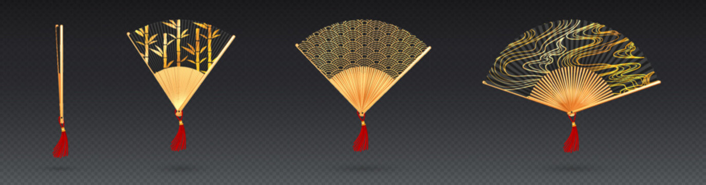 Japanese fan with traditional ornate paper design, realistic vector illustrations isolated on transparent. Asian handheld accessory with golden bamboo handle and decorative oriental seigaiha patterns