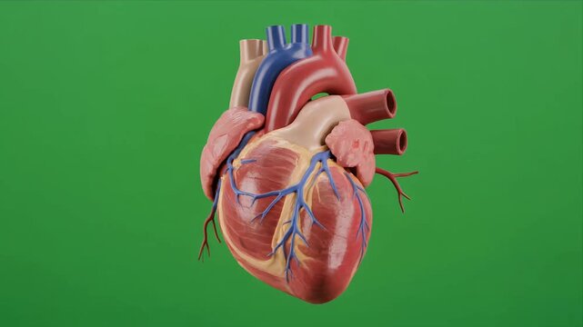 Rotating anatomical human heart 3D model on green background.