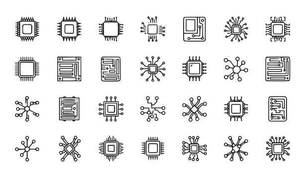 Circuit board and microchip outline icon set with electronic network technology symbols