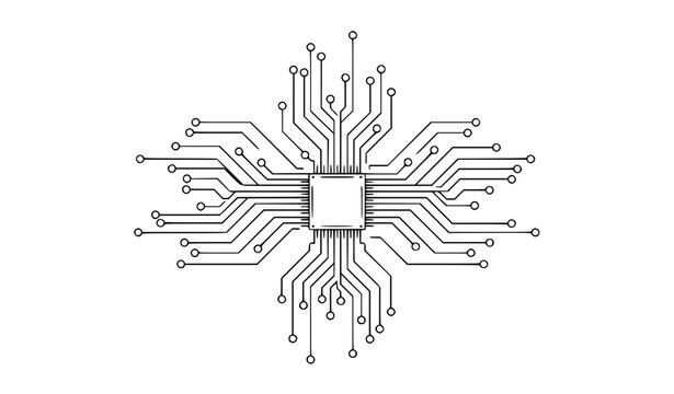 Abstract circuit board network with microchip and geometric technology connections vector design