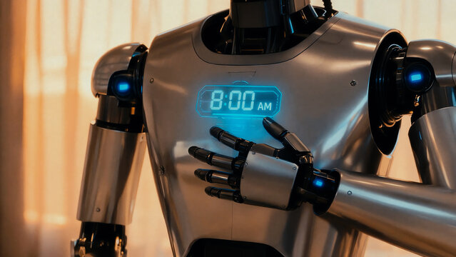 Robot Waking Up at 8:00 AM.