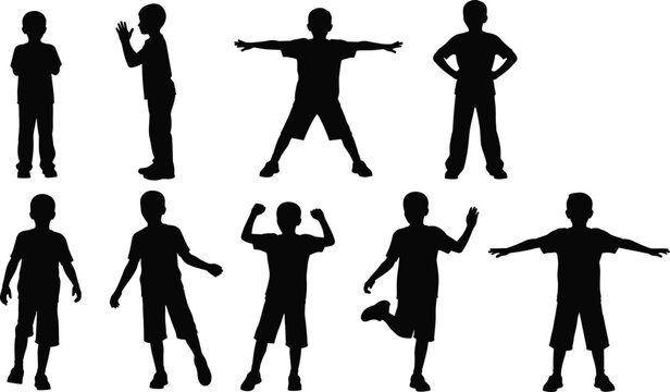 boy, silhouettes, kids, child, standing, poses, playful, childhood, gesture, active, happiness, movement, casual, black, shadow, people, collection, character, 