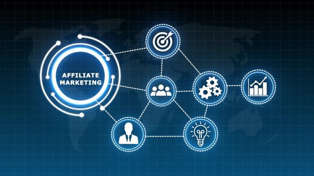 AFFILIATE MARKETING Business Strategy Concept with Global Network and Icons, business Concept Network Diagram with Icons on World Map Background,Business, Technology, Internet and network concept .4k