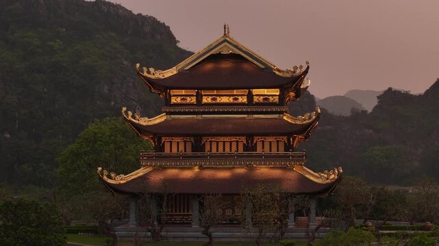 Aerial view of pagoda at sunset in the hoa lu ancient capital. Famous asian tourist destination in ninh binh, vietnam