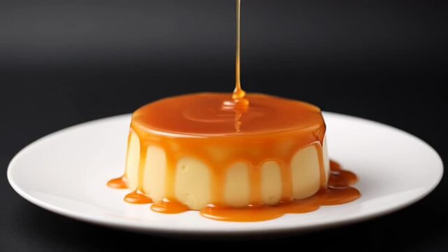 Golden Caramel Drizzle: A delectable dessert of smooth, creamy flan is elevated by a luscious drizzle of golden caramel, a perfect harmony of texture and taste, placed on the white plate. 