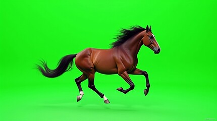 Fototapeta premium A majestic brown horse galloping gracefully against a bright green background.