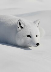 Obraz premium Fluffy white wild canine rests peacefully on bright snowscape.