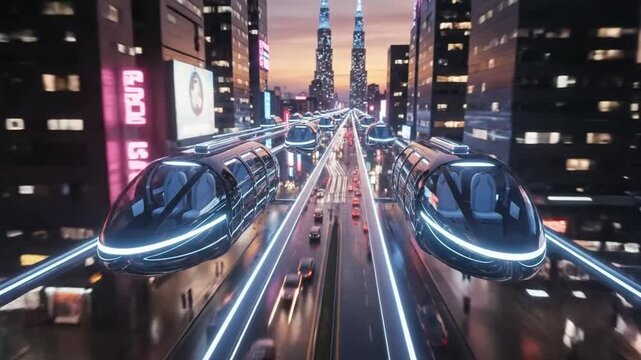 Futuristic Cityscape with Elevated Transportation System in Neon Lights.