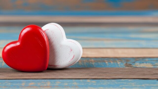 A red and two white heart-shaped objects on a rustic blue wooden surface