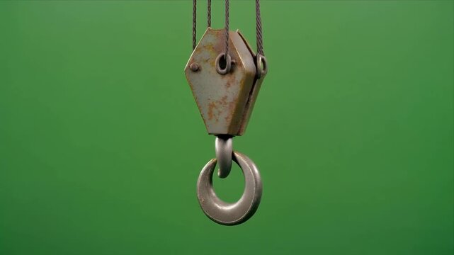 Close up industrial crane hook pulleys swaying.