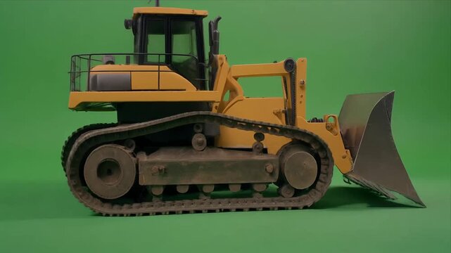 Tracked loader with large bucket rotating on green screen studio.