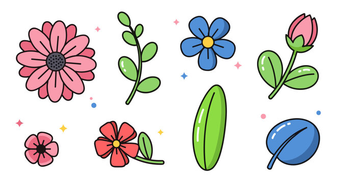 A colorful collection of hand-drawn flowers and leaves in a playful, modern style, perfect for spring designs