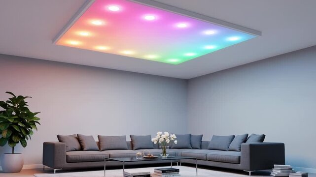A modern living room with a colorful ceiling light fixture and a gray sectional sofa