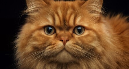 Fototapeta premium close-up of a fluffy ginger persian cat with expressive eyes on black background.
