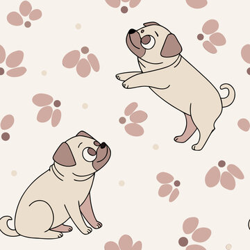 Pettern mit einem Mops und Pfotenabdr&uuml;cken