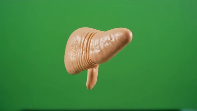 Rotating human liver anatomy model on green background.