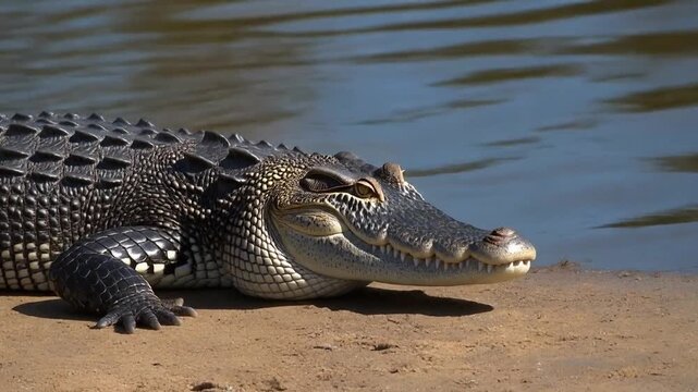 Two alligators lying on sandy riverbank with water in background, basking in sunlight