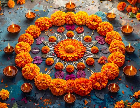 Artistic Marigold Floral Rangoli with Clay Lamps for Indian Festival