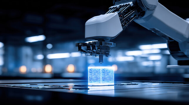 Robotic arm manufacturing crystal cubes: a concept illustration of advanced productivity in the future.