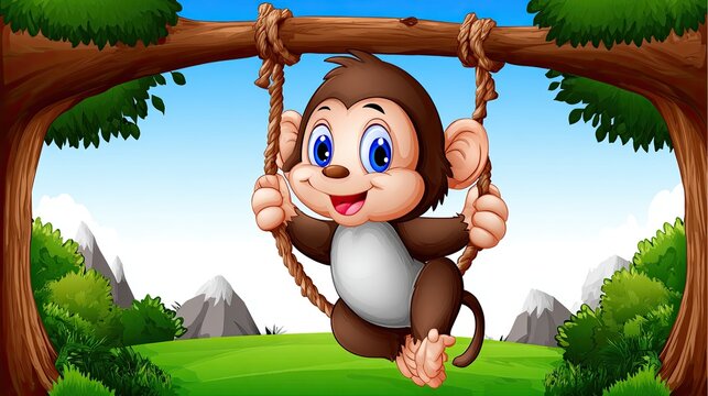 Playful Cartoon Monkey Swinging in Nature 2D cartoon illustration
