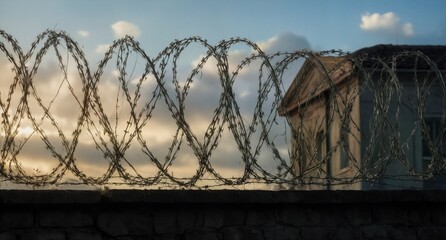 Fototapeta premium barbed wire atop a stone wall against a dramatic sky.
