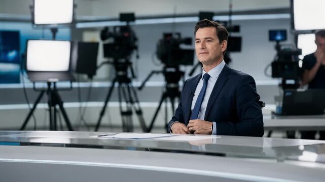 Close medium shot of a news anchor preparing for an interview segment studio cameras and set details softly blurred in the distance.