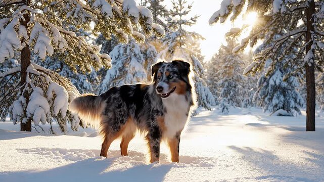 Australian Shepherd Dog in Snowy Forest.