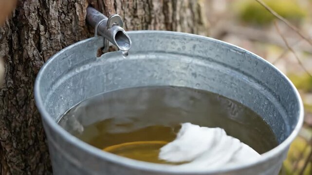 Gloved Worker Tapping Maple Tree with Mallet as Sap Drips in Bucket