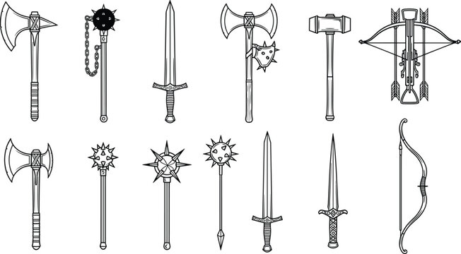 Collection of black and white medieval weapon silhouettes including swords, axes, maces, flails, war hammer, bow, and crossbow designs.