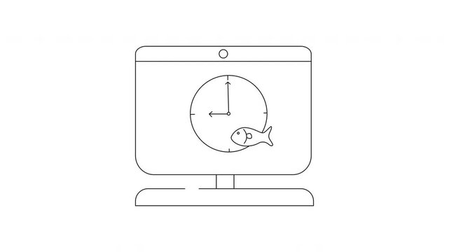 Animated Computer Screen with Clock and Fish Icon.