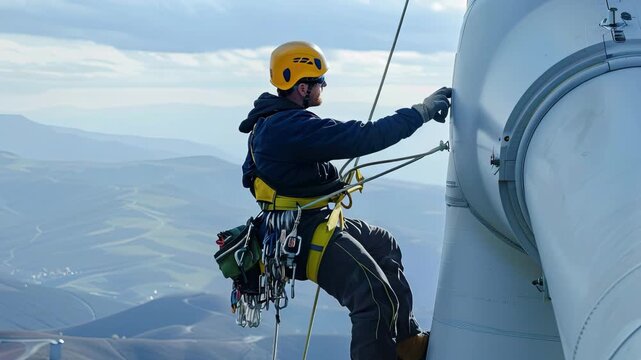 Wind turbine technician performing maintenance on blade