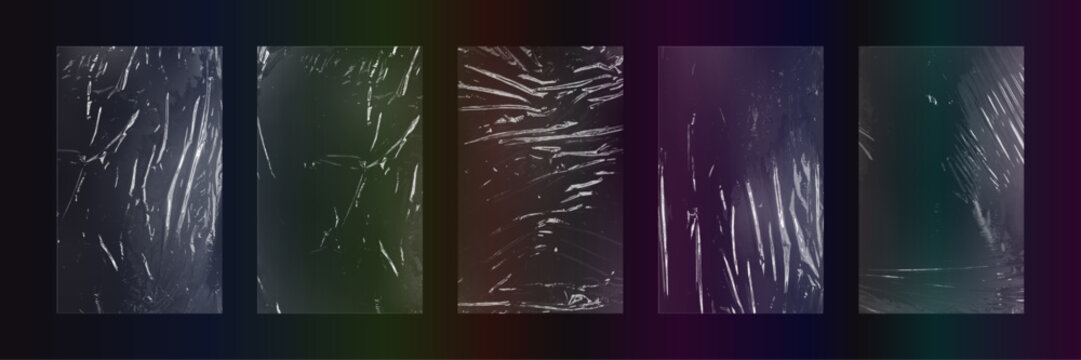 High-contrast monochrome plastic wrap texture set, 5 vertical crumpled cellophane overlay sheets with scratches and dust on black background