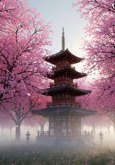Naklejka premium Traditional tiered tower structure surrounded by blooming pink flowering trees in soft morning mist
