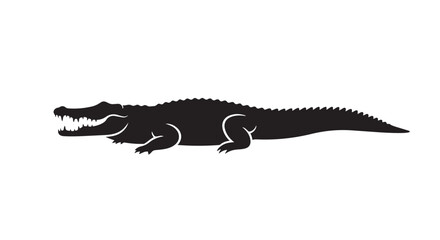 Fototapeta premium A black silhouette of an alligator with its mouth open displays sharp teeth against a white background.