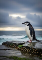 Obraz premium Solitary flightless bird stands upon wet coastal rock formation against a moody ocean backdrop