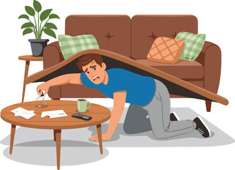 Obraz premium A man kneeling under a partially collapsed couch in a living room