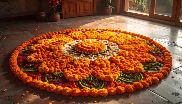 Creative Circular Marigold Flower Rangoli for Festive Home Decor