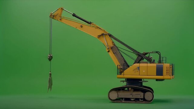 Tracked excavator with clamshell grab moving on green screen background.