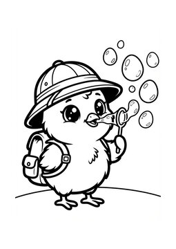 Cute chick explorer coloring page for kids. Kawaii baby bird in a safari hat with a backpack blowing soap bubbles. Black and white line art for children's activity books.