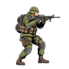 A cartoon soldier in green uniform and helmet is aiming a rifle with a backpack and various gear on a white background with a bold and action-packed mood.